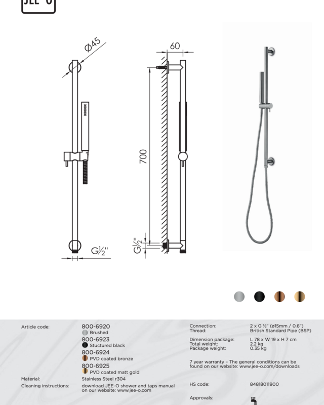JEE-O Slimline Wand Handdouche met Glijstang | Meerdere kleuren