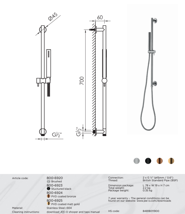JEE-O Slimline Wand Handdouche met Glijstang | Meerdere kleuren