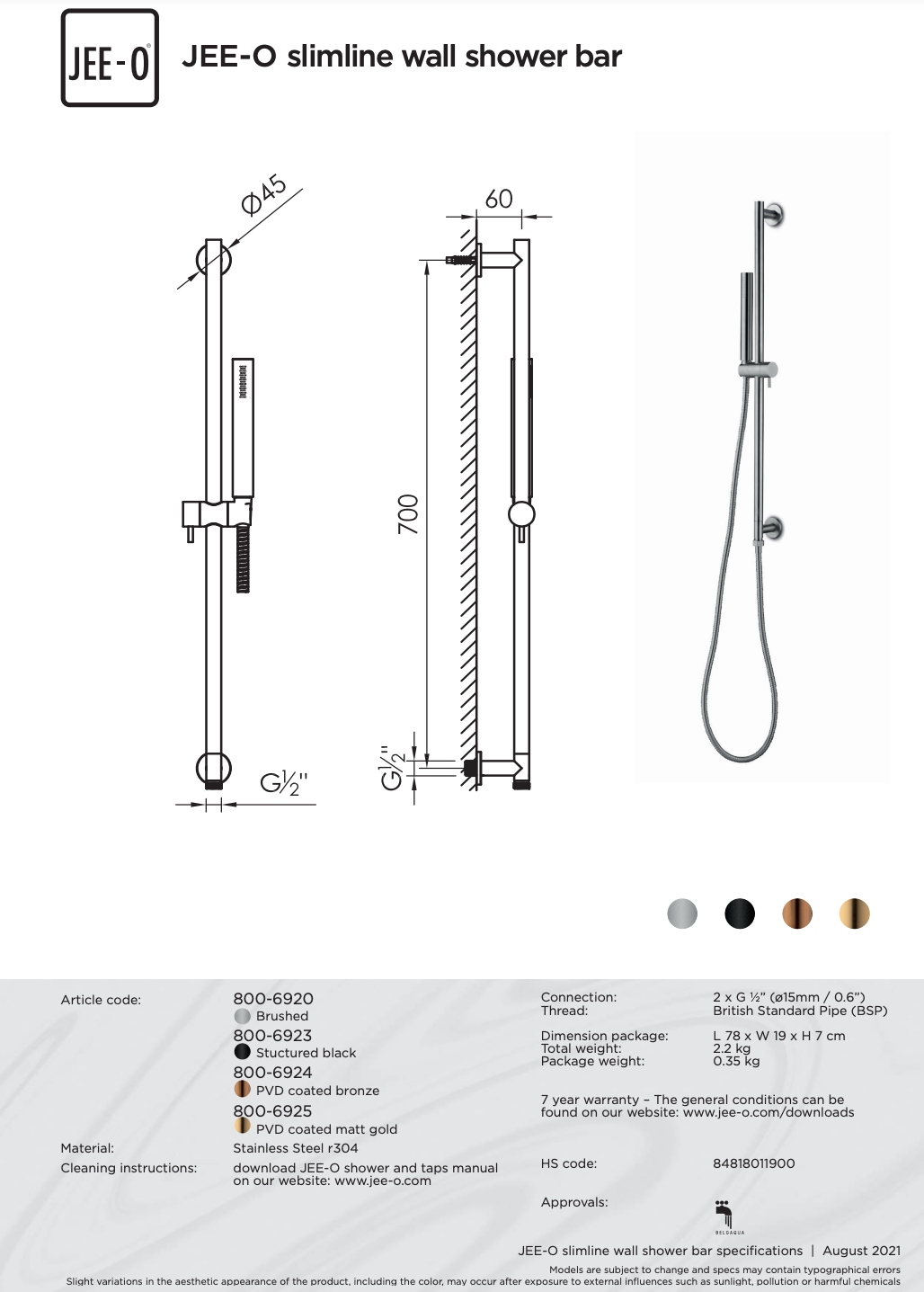 JEE-O Slimline Wand Handdouche met Glijstang | Meerdere kleuren