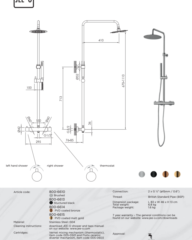 JEE-O Slimline Douche Set met Thermostaat en Handdouche | Meerdere kleuren