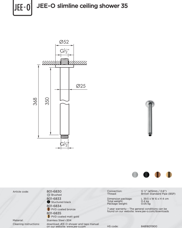 JEE-O Slimline Plafond Douchekop-Houder | 35 cm | Meerdere kleuren