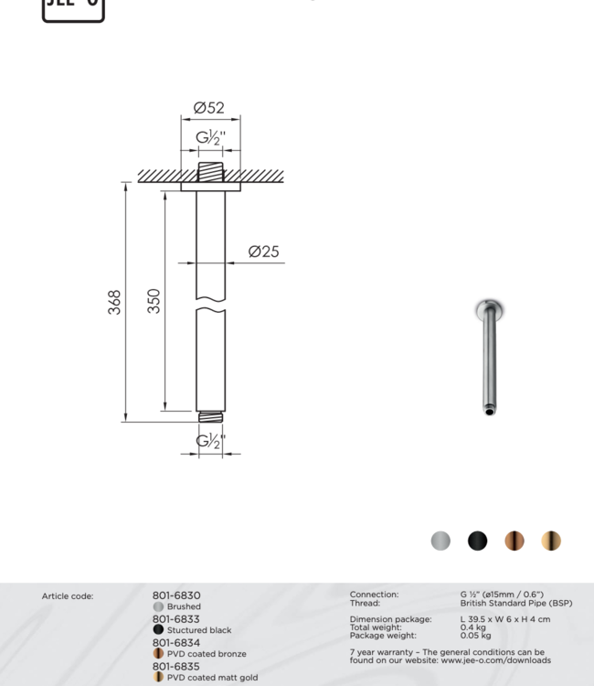 JEE-O Slimline Plafond Douchekop-Houder | 35 cm | Meerdere kleuren