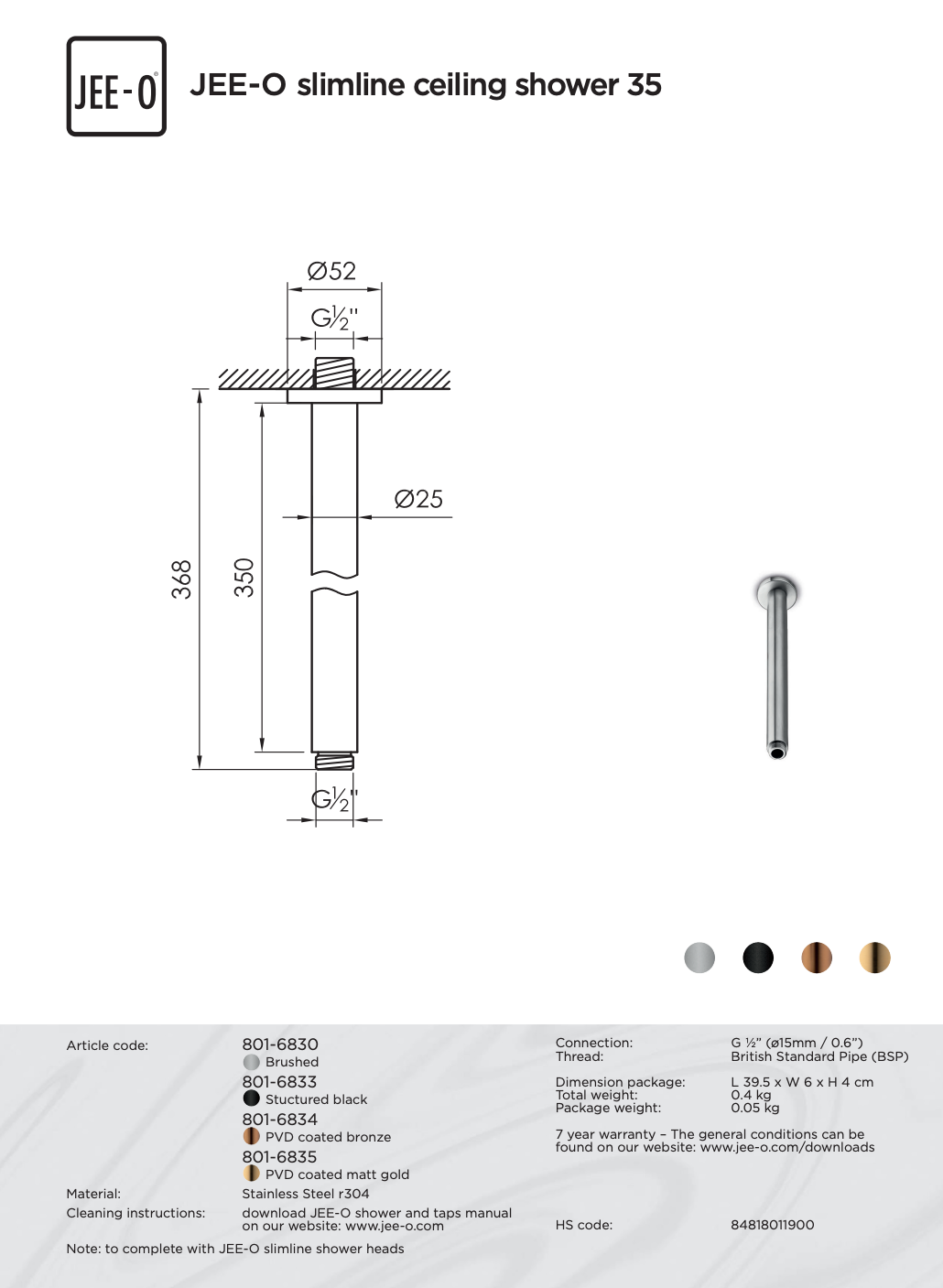 JEE-O Slimline Plafond Douchekop-Houder | 35 cm | Meerdere kleuren