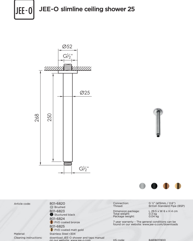 JEE-O Slimline Plafond Douchekop-Houder | 25 cm | Meerdere kleuren