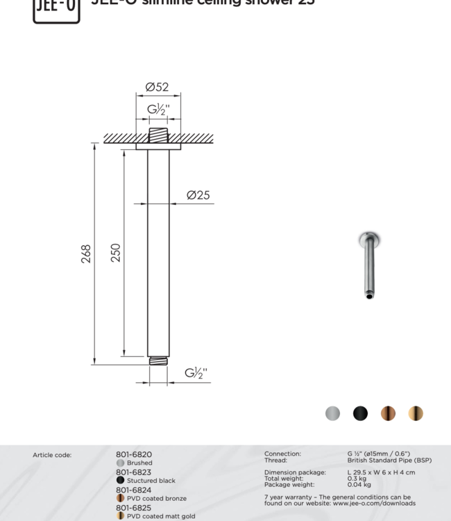 JEE-O Slimline Plafond Douchekop-Houder | 25 cm | Meerdere kleuren