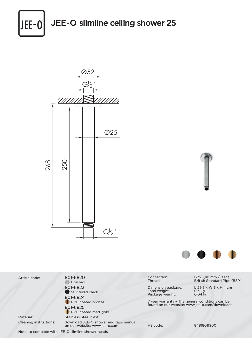 JEE-O Slimline Plafond Douchekop-Houder | 25 cm | Meerdere kleuren