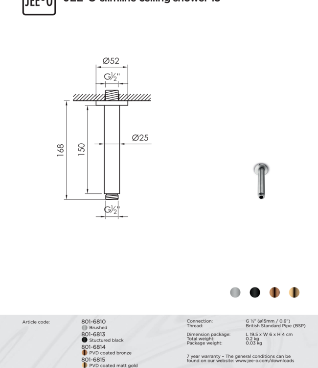 JEE-O Slimline Plafond Douchekop-Houder | 15 cm | Meerdere kleuren