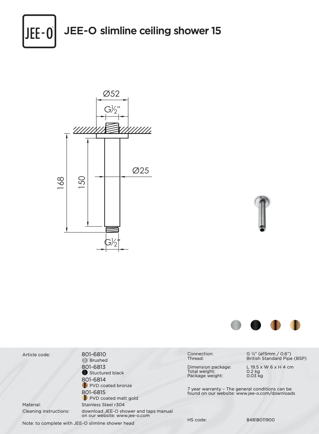 JEE-O Slimline Plafond Douchekop-Houder | 15 cm | Meerdere kleuren