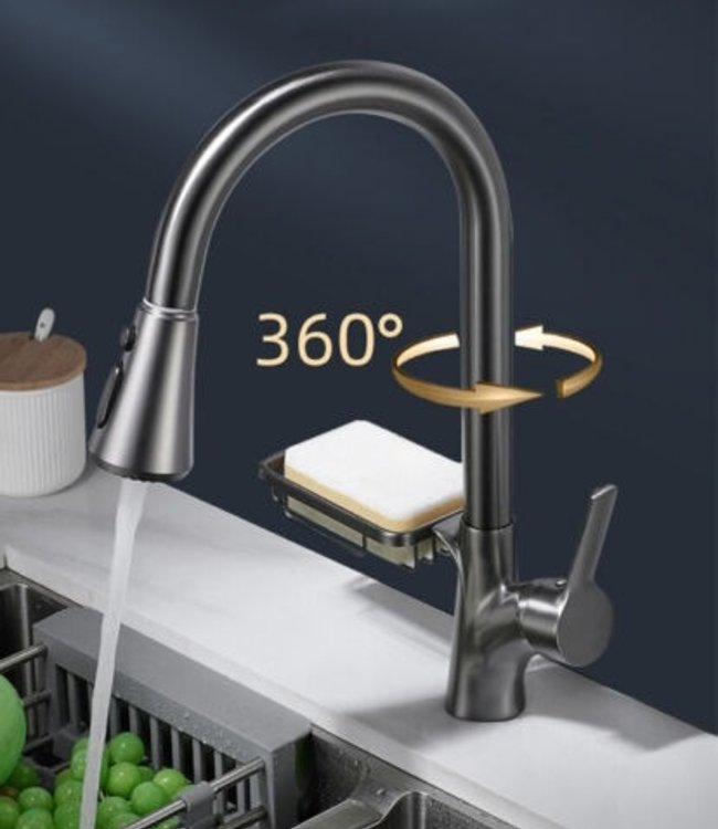 Rene Houtman Keukenkraan | Uittrekbare Sproeikop + Zeepbakje | Gun Metal