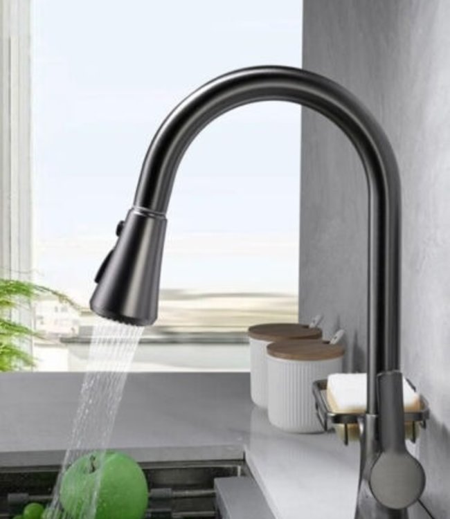 Rene Houtman Keukenkraan | Uittrekbare Sproeikop + Zeepbakje | Gun Metal