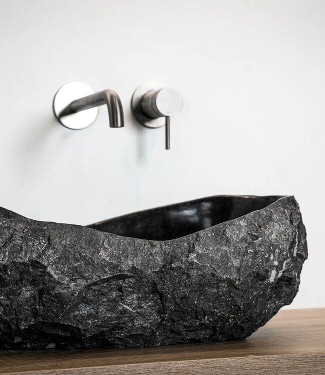 Loutro Bathroomware Waskom Natuursteen | Gekapt Grijs/Zwart | Meerdere Maten