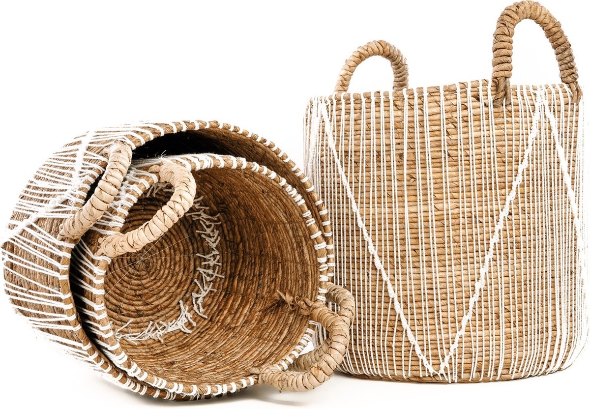 Bazar Bizar De Straight Stitched Macramé Mand | Naturel/Wit | Verkrijgbaar In 3 Maten