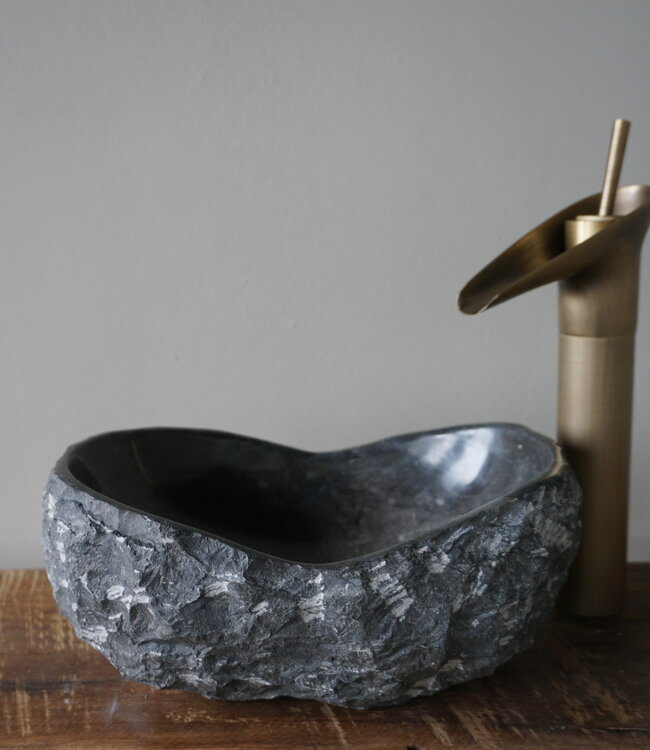 Loutro Bathroomware Waskom Natuursteen | Gekapt Grijs/Zwart | Meerdere Maten