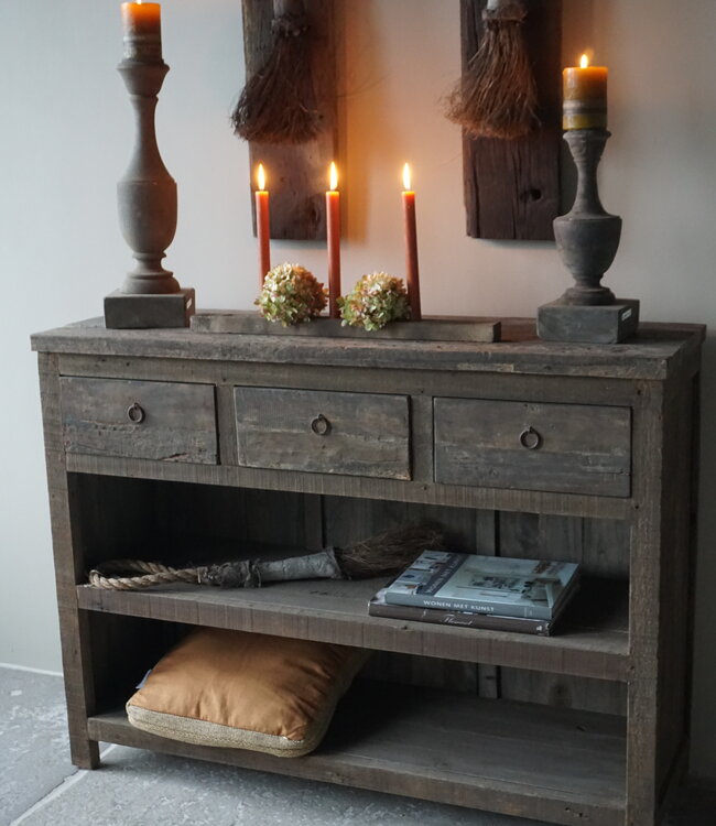 Rene Houtman Sidetable | Oud Hout | 3 Lades | H91,5 x B121 x D40 cm