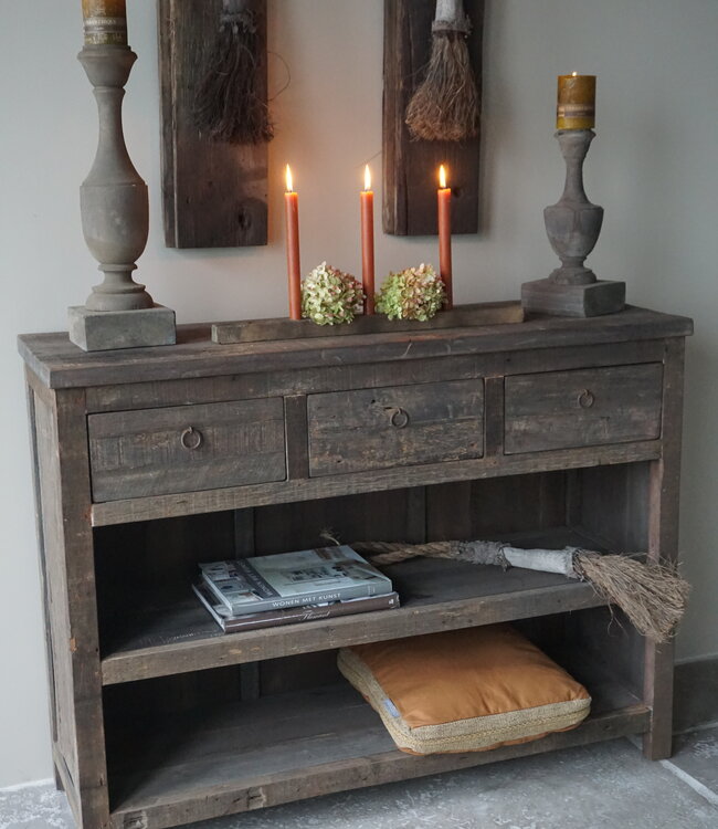 Rene Houtman Sidetable | Oud Hout | 3 Lades | H91,5 x B121 x D40 cm