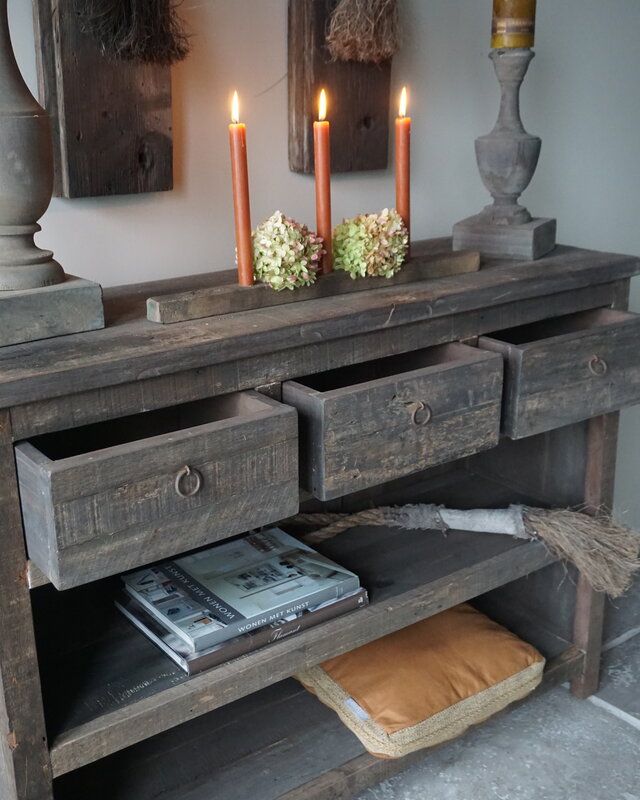 Rene Houtman Sidetable | Oud Hout | 3 Lades | H91,5 x B121 x D40 cm