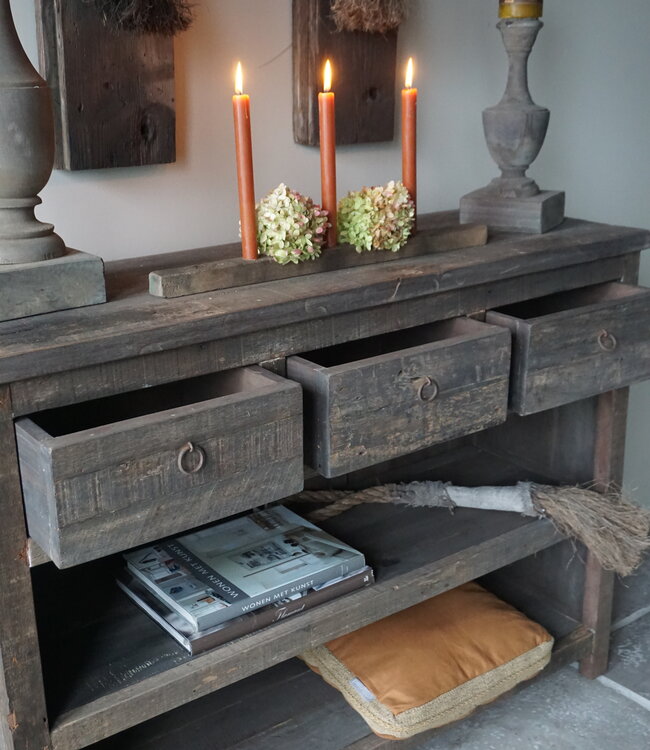 Rene Houtman Sidetable | Oud Hout | 3 Lades | H91,5 x B121 x D40 cm