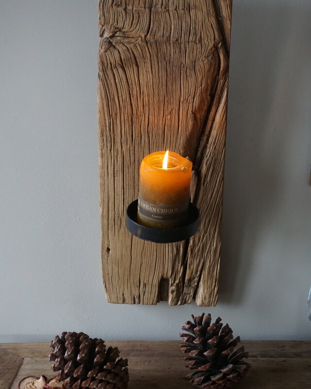 Rene Houtman Oud Houten Wandkandelaar | H55 x B20 x D4 cm