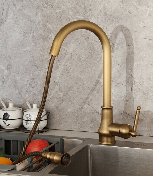 Rene Houtman Nostalgische keukenkraan brons H39.5 Cm Uittrekbaar