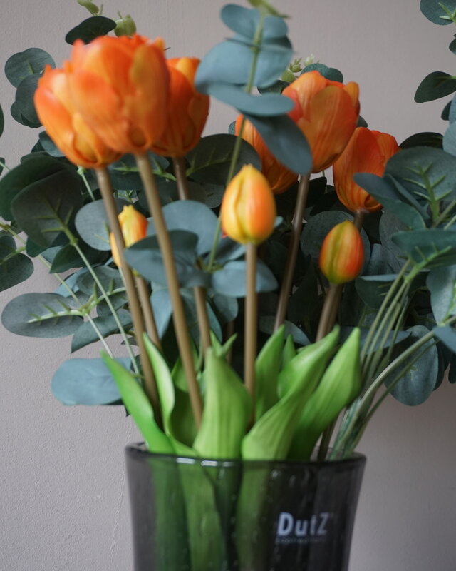 Rene Houtman Kunstbloemen Zijden Boeket | Real Touch Tulpen En Eucalyptus | H45 cm