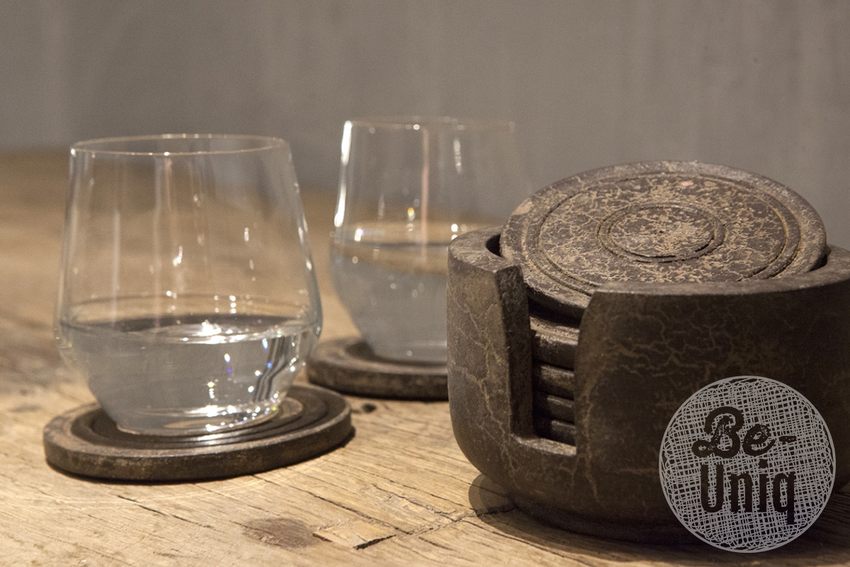 Be-Uniq Onderzetters Hout 6st. | Grey finish | D12 x H9 cm