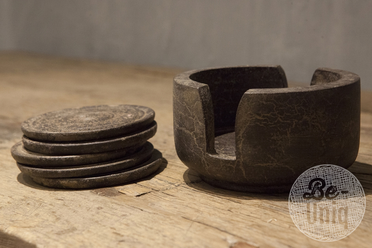 Be-Uniq Onderzetters Hout 6st. | Grey finish | D12 x H9 cm
