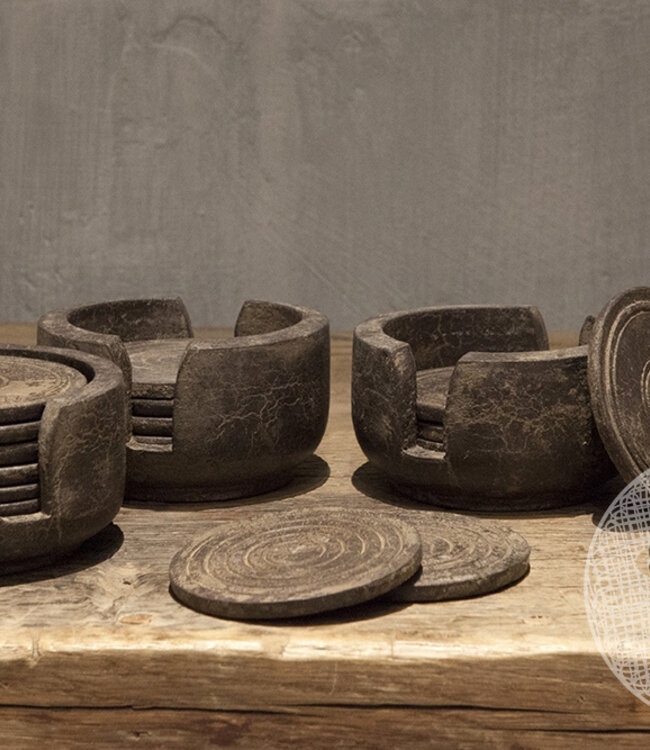 Be-Uniq Onderzetters Hout 6st. | Grey finish | D12 x H9 cm