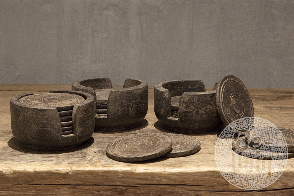 Be-Uniq Onderzetters Hout 6st. | Grey finish | D12 x H9 cm