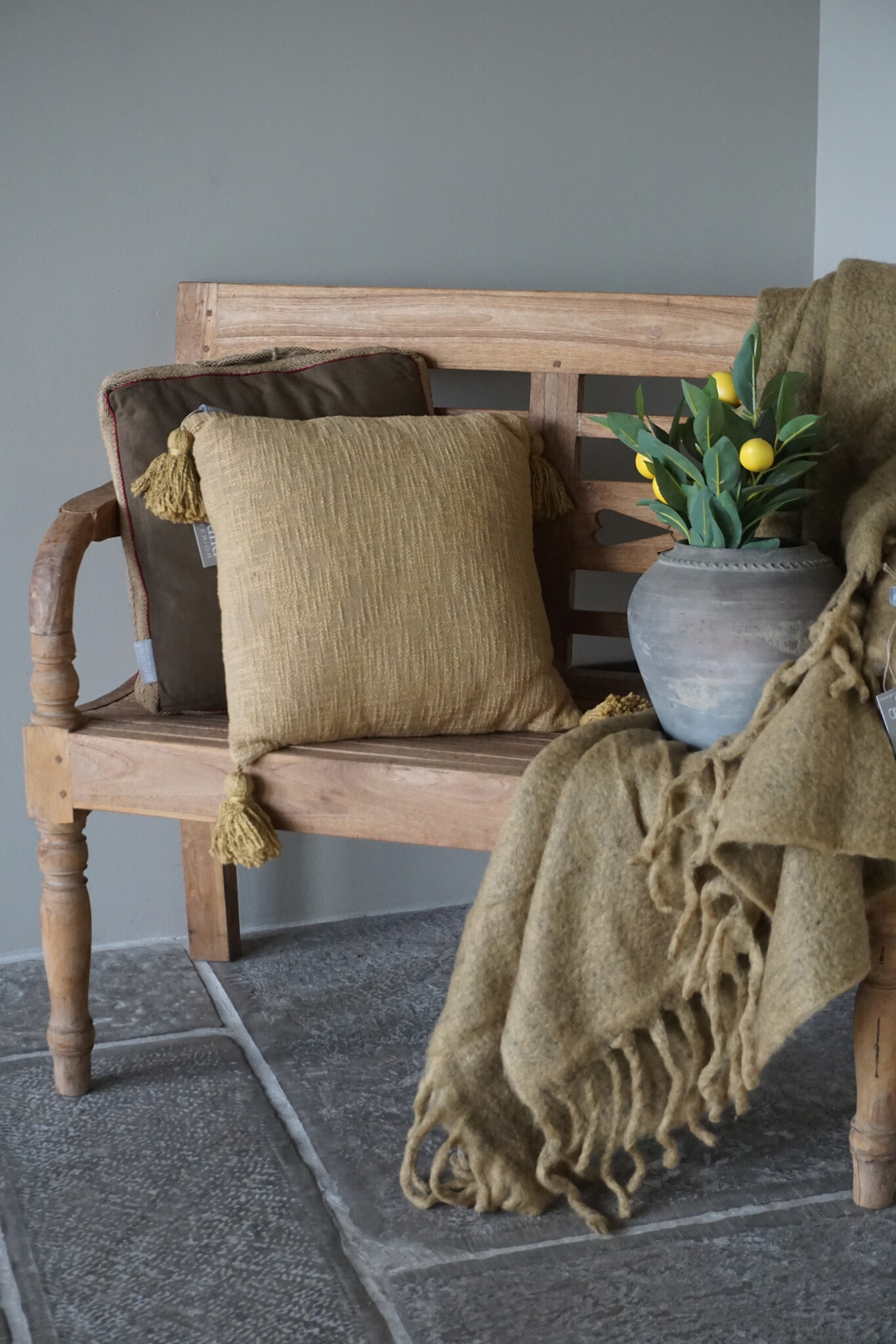 Goround Interior Kussen Slub Wheat/Olive Met Tassels/Kwastjes 40x40