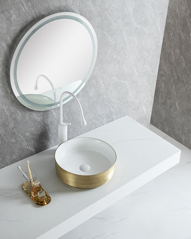 Wiesbaden Mondri waskom rond 36 x 36 x 12 cm glans wit/geborsteld goud