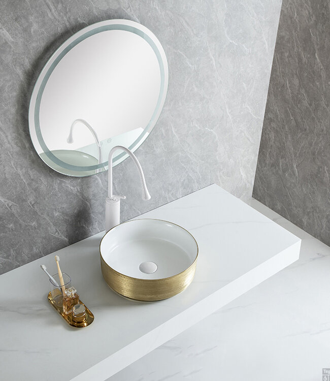 Wiesbaden Mondri waskom rond 36 x 36 x 12 cm glans wit/geborsteld goud