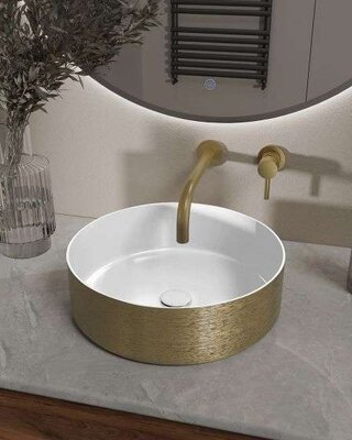 Wiesbaden Mondri waskom rond 36 x 36 x 12 cm glans wit/geborsteld goud