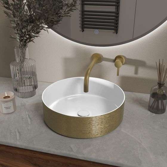 Wiesbaden Mondri waskom rond 36 x 36 x 12 cm glans wit/geborsteld goud