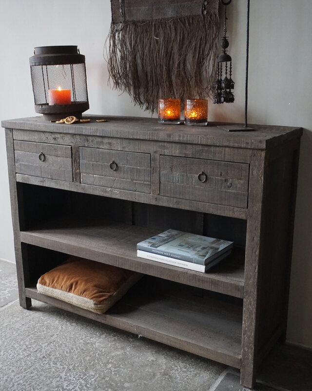 Rene Houtman Sidetable | Oud Hout | 3 Lades | H91,5 x B121 x D40 cm