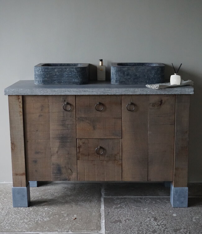 Rene Houtman Badkamermeubel eikenhout met Hardsteen blad | 2 deurs 2 lades