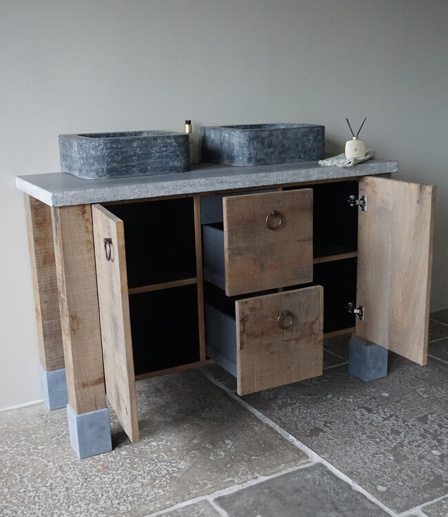 Rene Houtman Badkamermeubel eikenhout met Hardsteen blad | 2 deurs 2 lades