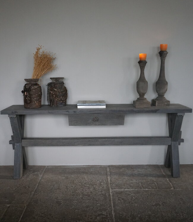 Rene Houtman Sidetable Cross| Grey | Oud Hout | Met Lade | H79 x B200