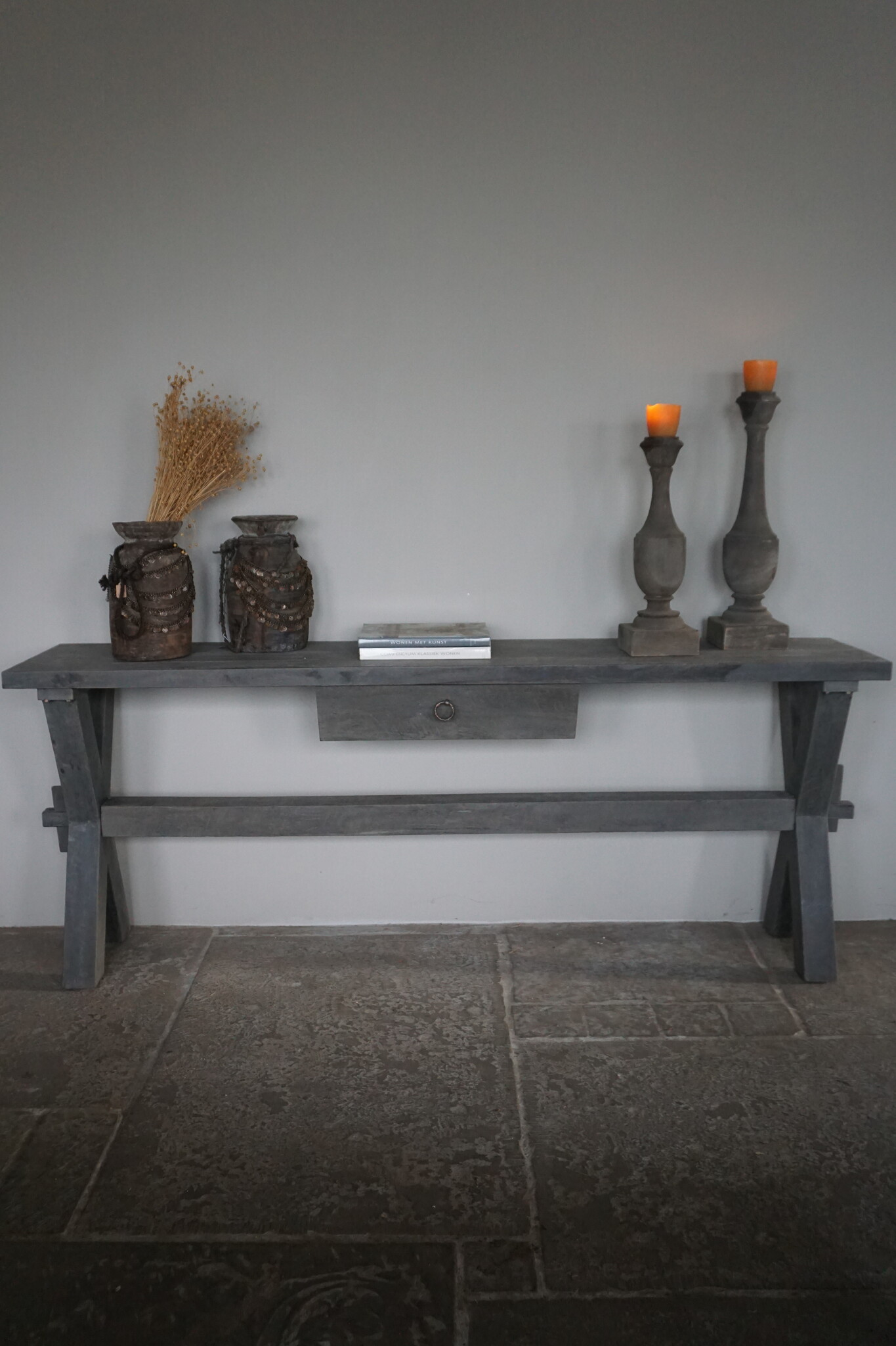 Rene Houtman Sidetable Cross| Grey | Oud Hout | Met Lade | H79 x B200