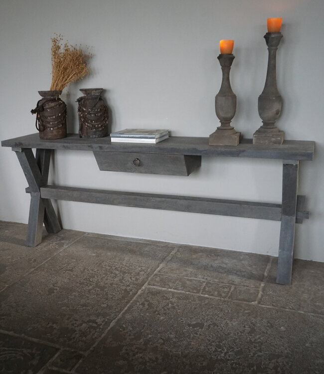 Rene Houtman Sidetable Cross| Grey | Oud Hout | Met Lade | H79 x B200