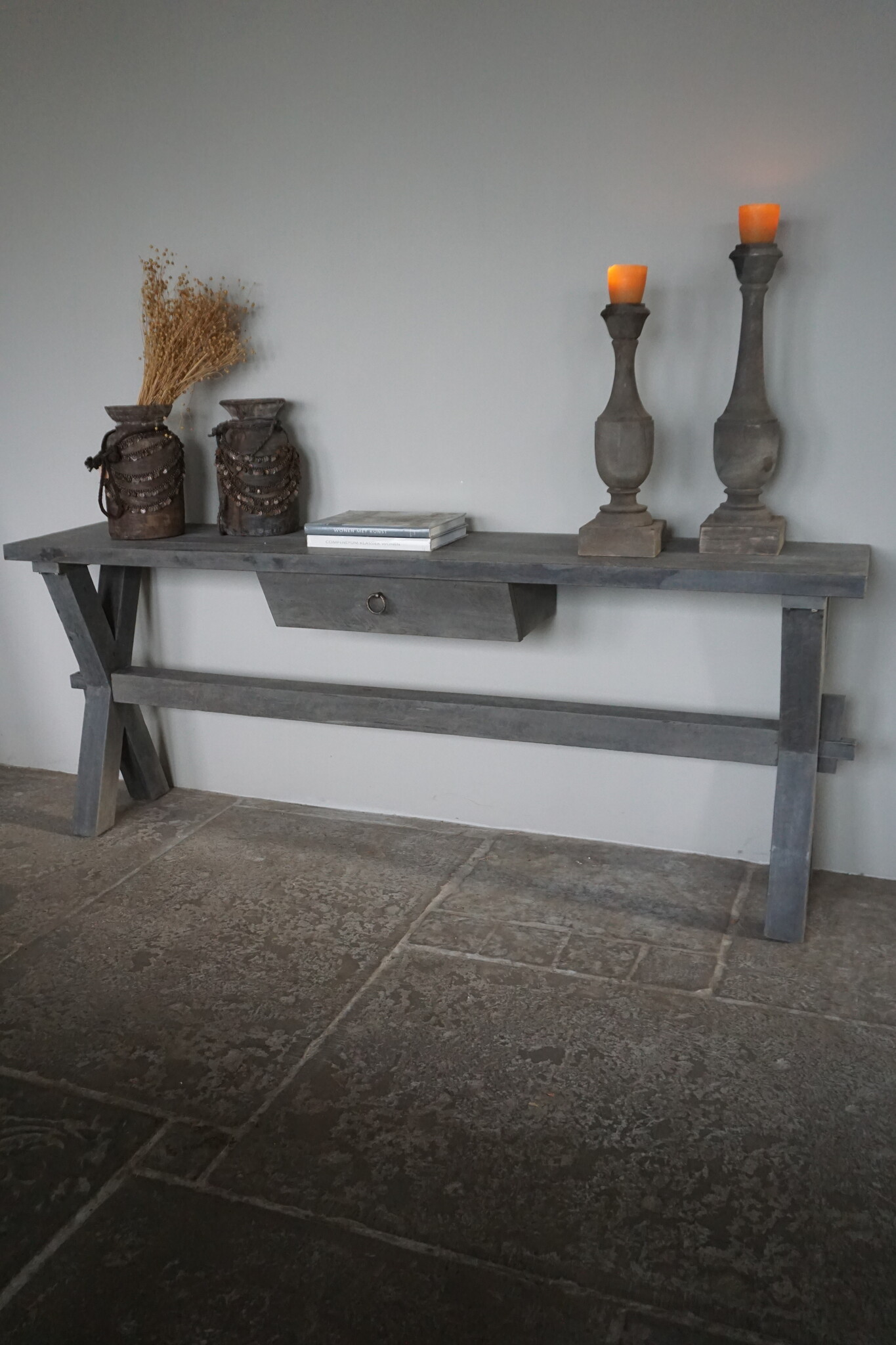 Rene Houtman Sidetable Cross| Grey | Oud Hout | Met Lade | H79 x B200