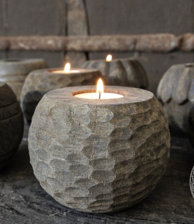 Be-Uniq Houten Waxinehouder | Buru dot | Set Van 4 | Island Collection | H9 x B9 x D9 cm