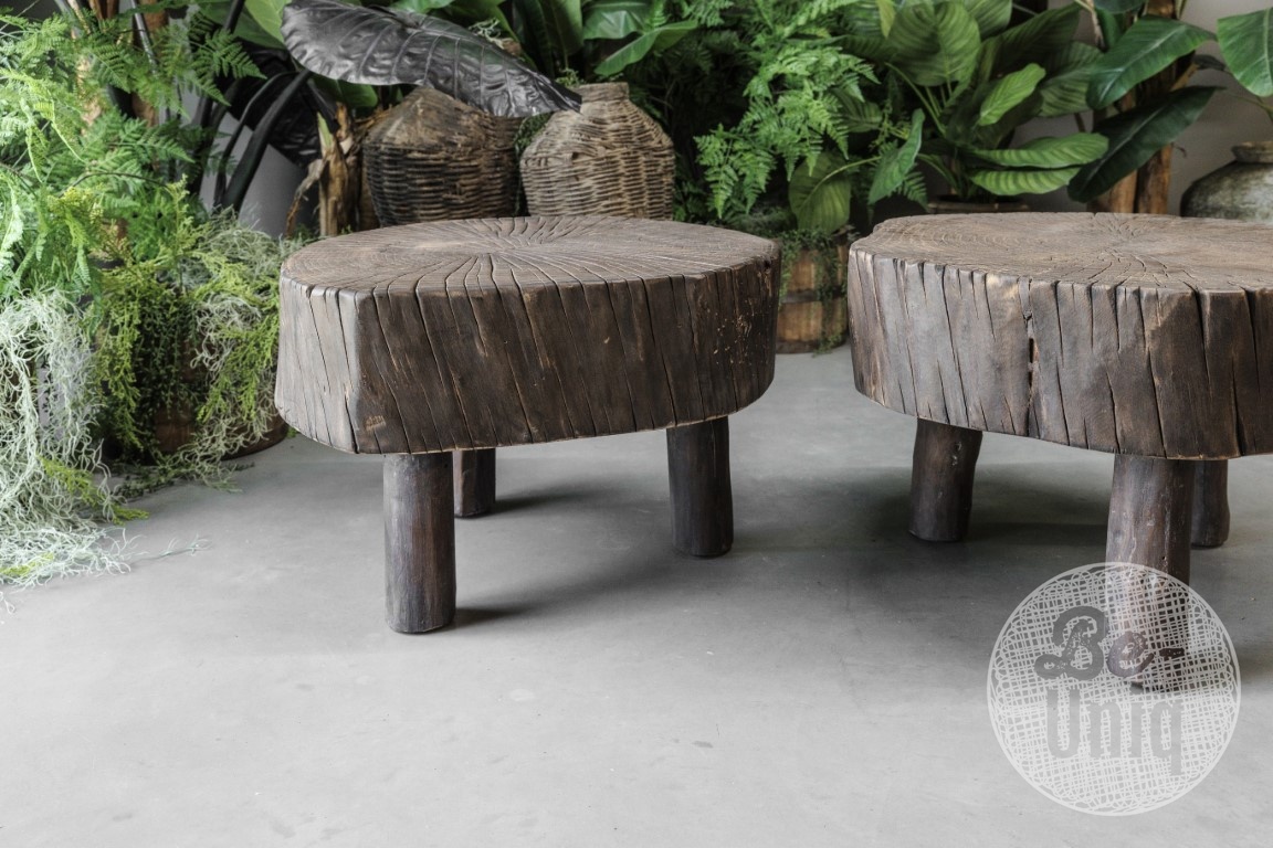Be-Uniq Bijzettafel Oude Schijf Hout | Gerookt | H42 x B55 x D58 cm