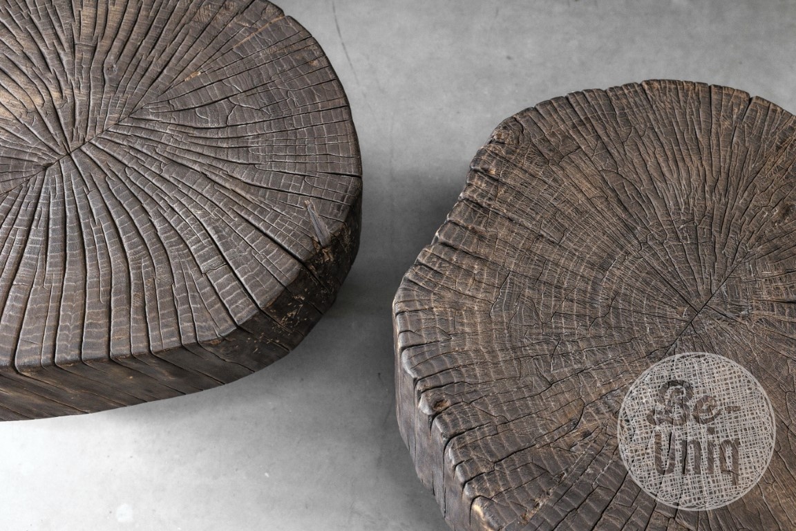 Be-Uniq Bijzettafel Oude Schijf Hout | Gerookt | H42 x B55 x D58 cm