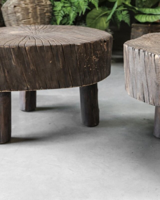 Be-Uniq Bijzettafel Oude Schijf Hout | Gerookt | H42 x B55 x D58 cm