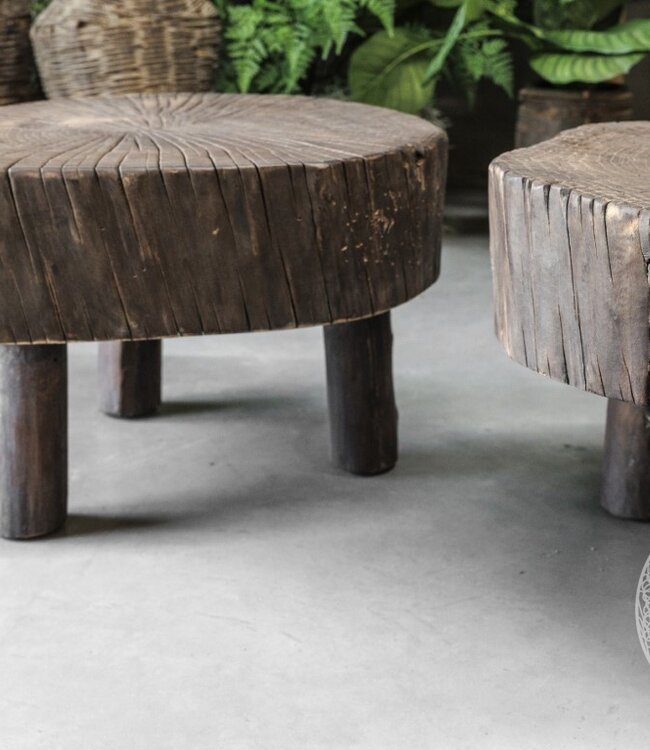 Be-Uniq Bijzettafel Oude Schijf Hout | Gerookt | H42 x B55 x D58 cm