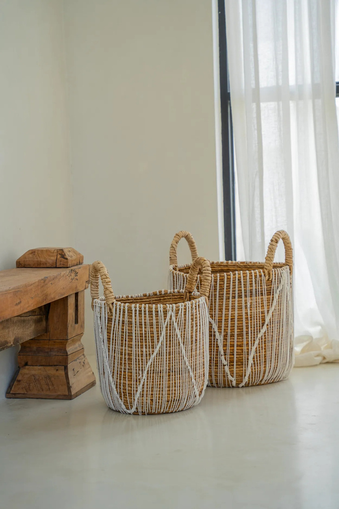 Bazar Bizar De Straight Stitched Macrame Mand - Naturel Wit - S