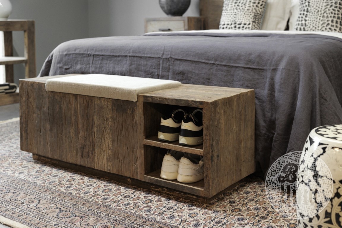 Be-Uniq Houten Bedbak/Kist | Linnen Zitting | H45 x B120 x D40 cm