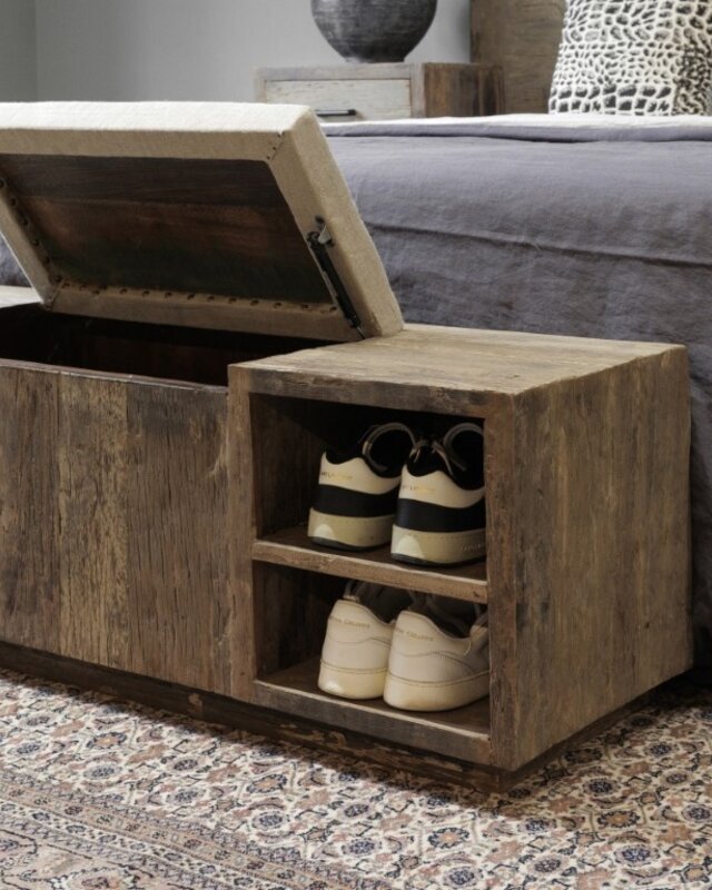 Be-Uniq Houten Bedbak/Kist | Linnen Zitting | H45 x B120 x D40 cm