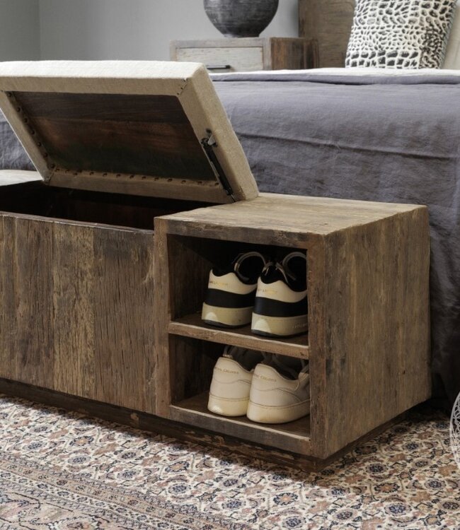 Be-Uniq Houten Bedbak/Kist | Linnen Zitting | H45 x B120 x D40 cm