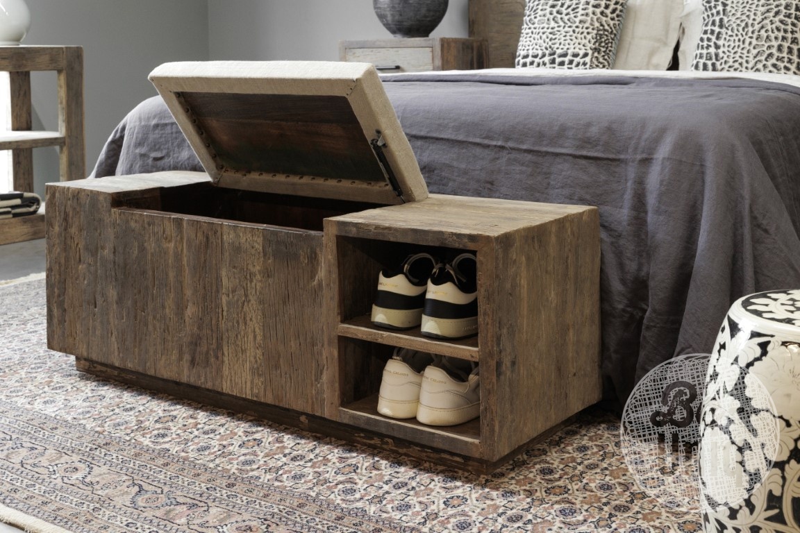 Be-Uniq Houten Bedbak/Kist | Linnen Zitting | H45 x B120 x D40 cm